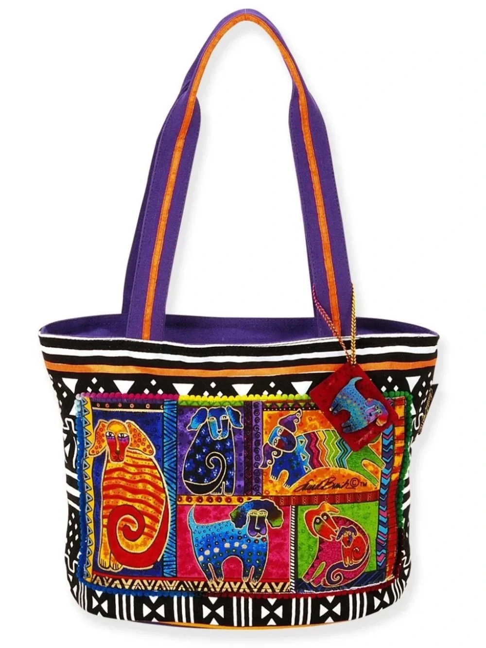Laurel Burch Dog Tails Patchwork Medium Tote Bag Canvas Shoulder Handbag Multi